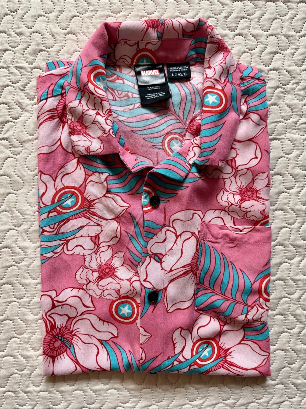 Marvel Large 100% Rayon Pink Floral Captain America Button-Down w/ Teal Accents